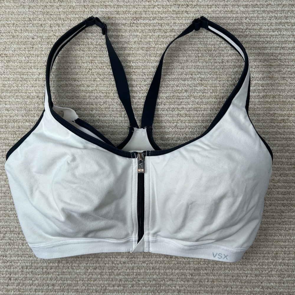 Victoria's Secret VSX Sport Bra Women 34DD‎ White Front Zip High Impact Athletic